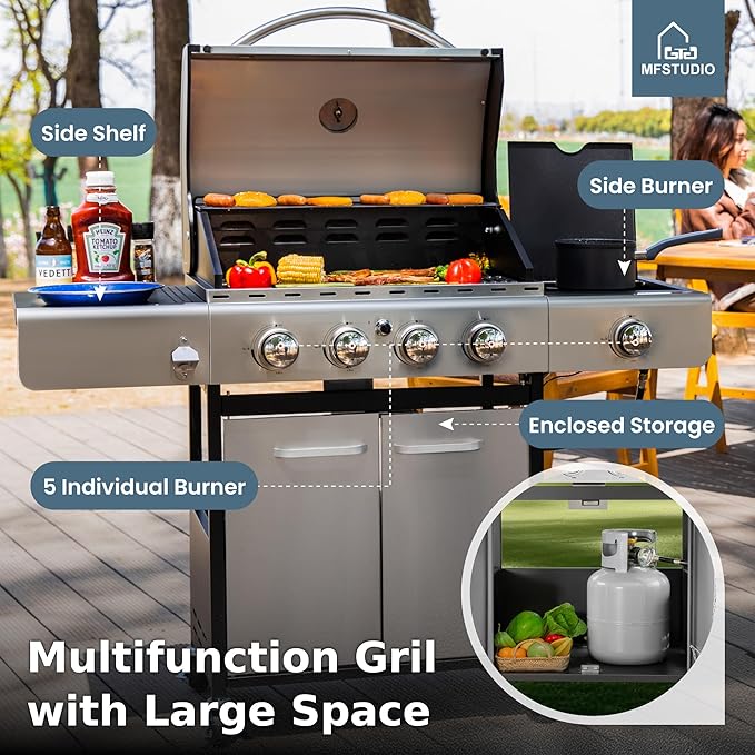 MFSTUDIO 4-Burner BBQ Propane Grill with Searing Side Burner, Porcelain-Enameled Cast Iron Grates,Thicker and taller lid, Stainless Steel Gas Grills for Outdoor and Patio Barbecue Cooking