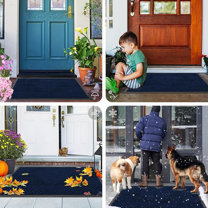 Smiry Front Door Mat Outside Entrance, Heavy Duty Sturdy Natural Rubber Doormat, Trap Dirt and Moisture, Easy Clean Low Profile Mats for Indoor Outdoor Entry, Irregular Triangle (36x24, Royal Blue)