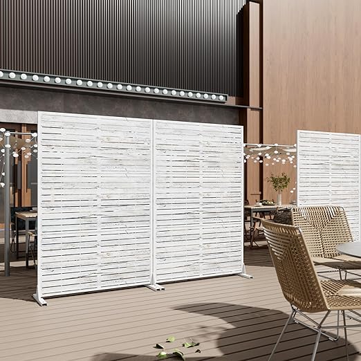 Casaphoria 72" H x 47" W Metal Outdoor Privacy Screen, Freestanding Decorative Divider for Patio, Deck, Balcony, and Garden with Stable Base, White-Veneer