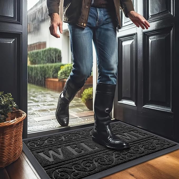 OLANLY Welcome Door Mat Indoor Outdoor Entrance, Heavy Duty Sturdy Front Door Mat, Waterproof All-Weather Doormat, Stain Resistant, Low Profile, Easy Clean Patio Entryway Mat, 47 x 32, Black