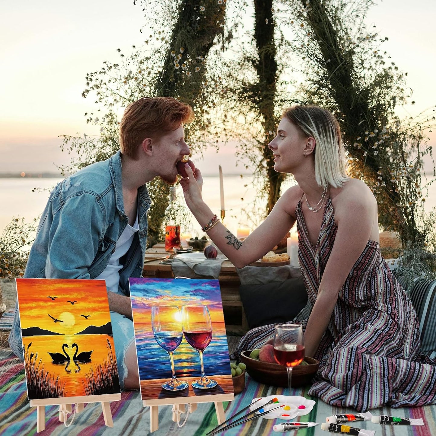 Cholemy 36 Pcs Paint and Sip Kit for Adults 8''x10'' Pre Drawn Canvas for Painting DIY Afro Acrylic Painting Kit Wood Easel Brushes Date Night Bulk for Christmas Party Gifts(Sunset)