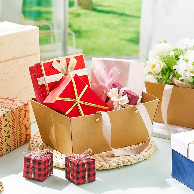 Pinkunn 48 Pcs Basket for Gifts Empty DIY Bulk Gift Basket Kit with Handles Kraft Cardboard Tray for Wedding Baby Shower Graduation Party Anniversary Party Display(Brown)