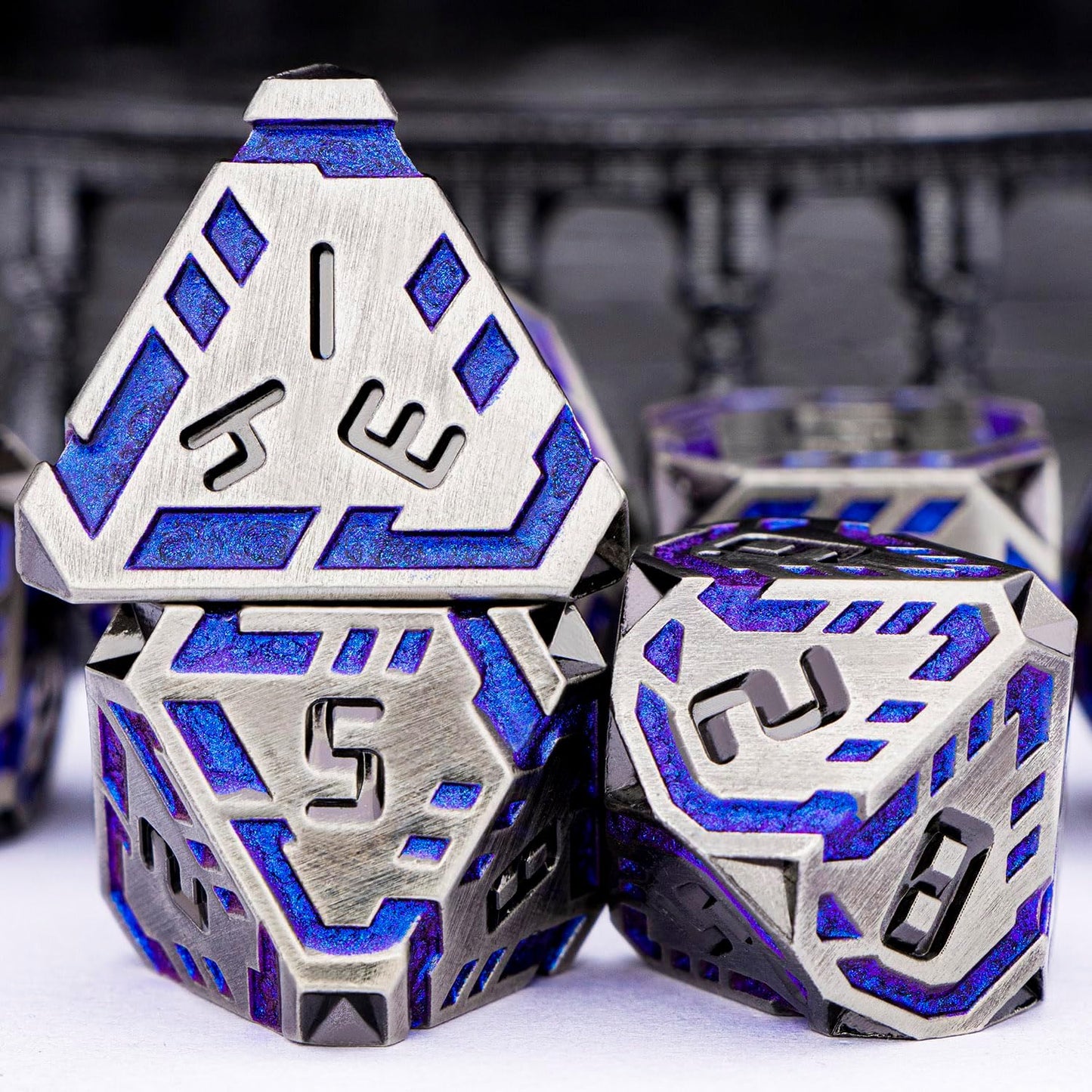 Metal DND Sci-fi Dice Set 7PCS Stripe Polyhedral Dice for Dungeons Dragons RPG Role Playing Game, Glitter D and D Dice with Gift Box D6 D8 D10 D12 D20 (Blue Purple&Grey)