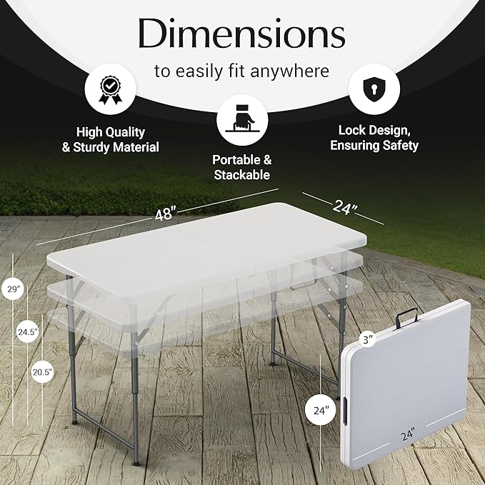 4 Feet Foldable Table Adjustable Height with Built in Handle, Steel Legs | 4FT Heavy Duty Portable | Perfect for Party Dining Wedding Events Picnic Indoor Outdoor Camping Utility Folding - 4 Foot