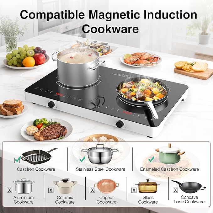 Double Induction Cooktop, 2 Burner Induction Burner 20 Temperature & Power Levels Portable Electric Stove Countertop Burners, Knob Control, Child Safety Lock & 4H Timer, Auto Shut-Off