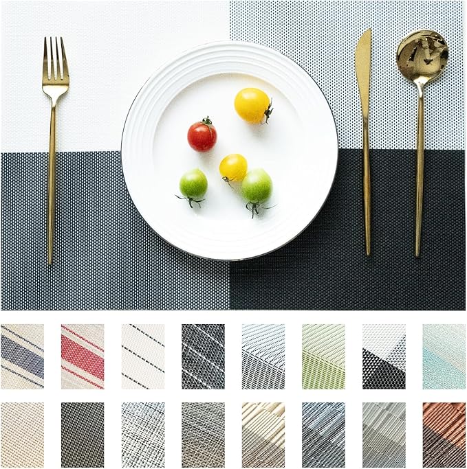 Placemats Set of 6 Vinyl/Plastic Woven Place Mats for Kitchen Table Indoor/Outdoor Washable Placemat Wipeable Dining Table Mats (Grey Grid,6)
