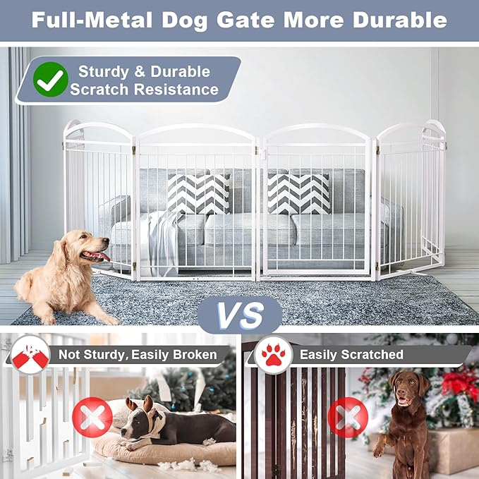 Full Metal Free Standing Dog Gate with Door for Indoor Outdoor, 144'' Extra Wide 32'' Tall Dog Gate for Doorways,Large Openings,Decks,Freestanding Portable Pet Fence(6 Panels,Black)