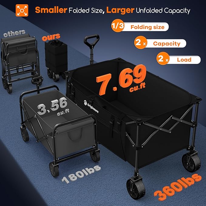 220L Collapsible Wagon Cart Foldable, 38" L Extra Large Heavy Duty Folding Beach Wagons with All-Terrain Wheels, Utility Carts for Camping, Sports, Shopping, Groceries - Black