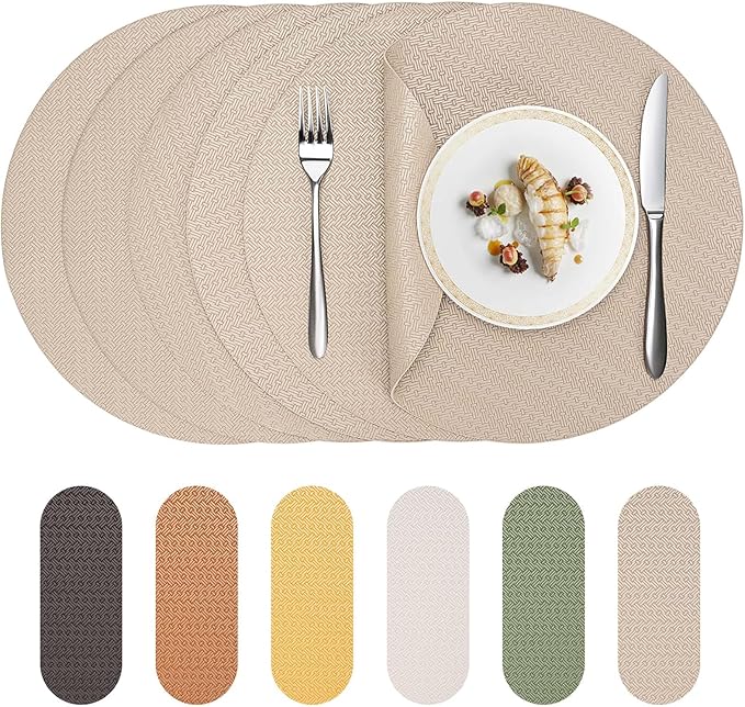 Round Faux Leather Placemats Set of 4 – 13 Inch Vinyl Table Mats, Heat Resistant, Non Slip, Wipeable & Washable, Easy to Clean Dining Table Decor for Kitchen & Dining Room（Light Taupe）