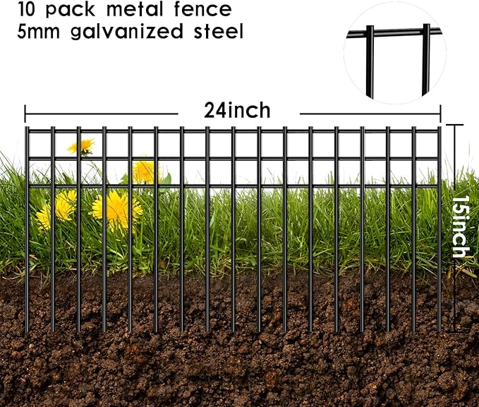 24x15-inch No Dig Animal Barrier Fence, 20 Pack Black Dig Protective Fence with 1.5 inch Spike spacing, Dog/Rabbit/Groundhog Underground Defence, for Outdoor Garden Patio