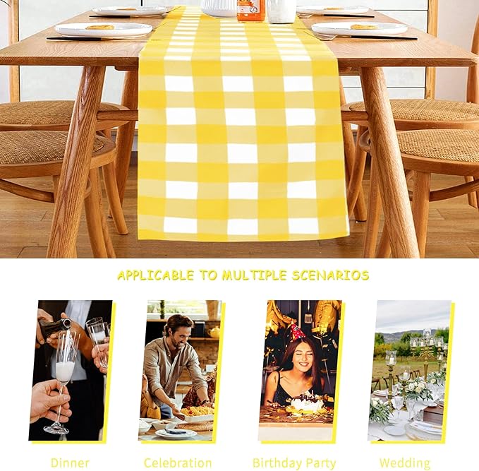 Fabric Checkered Table Runner 1 Pack Waterproof Gingham Table Runner 14W x 108L Buffalo Check Table Runners for Parties Kitchen Dining Wedding Banquet (Yellow and White)