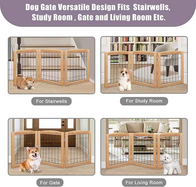 LZRS 3-Panel Freestanding Foldable Wooden Dog Gate –Solid Wood & Steel Wire Chew-Resistant Indoor Safety Pet Fence for Doorways & Stairs, Ideal for Small to Medium Dogs & Puppies, Natural