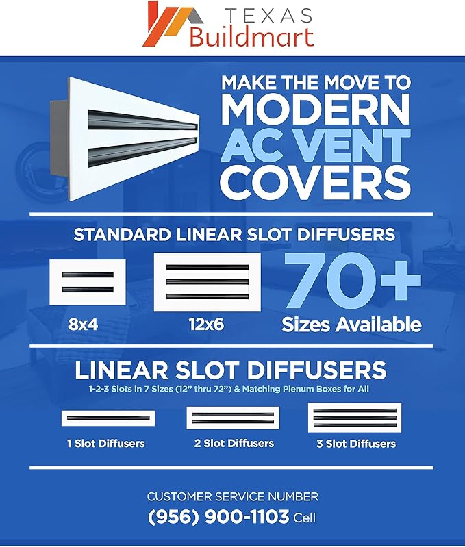 BUILDMART - 14x8 White Modern AC Vent Cover - Decorative Air Vent - Standard Linear Slot Diffuser - Register Grille for Ceiling, Walls & Floors - Texas Buildmart