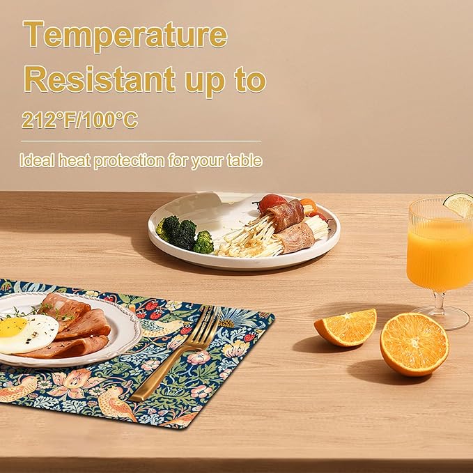 William Morris Strawberry Thief Placemats - Placemats set of 4 Faux Leather Heat Resistant for Dinner Table, Non-Slip Waterproof Oil-Proof Washable Reusable Placemat for Indoor Outdoor Kitchen