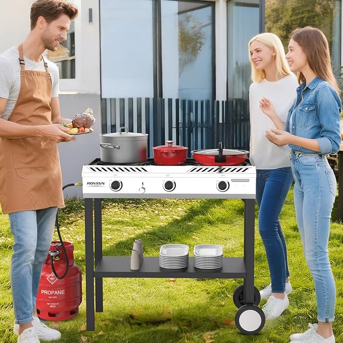ROVSUN 3 Burner Propane Stove with Auto Ignition, 225,000 BTU Gas Stove with Storage Shelf, Rolling Wheels & Regulator for Home Outdoor Backyard Camping Cooking Frying Brewing Canning