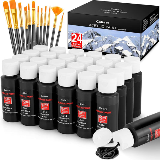 Caliart Black Acrylic Paint with 12 Brushes, 24 Art Craft Paints (59ml, 2oz) Gifts Trendy Stuff for Adults Artists, Canvas Ceramic Rock Eggs Painting Kit Art Supplies
