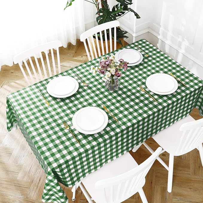 Romanstile Rectangle Vinyl Tablecloth, 100% Waterproof Buffalo Gingham Plastic Table Cloth, Heavy Duty Wipeable Checkered Table Covers for Outdoor, Camping, Picnic, Patio - 54 x 120, Green and White