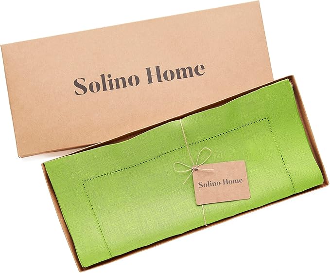 Solino Home Linen Table Runner 120 Inches Long - 100% Pure Linen Lime Green Table Runner 14 x 120 Inch for Spring, Easter, St Patricks Day - Classic Hemstitch