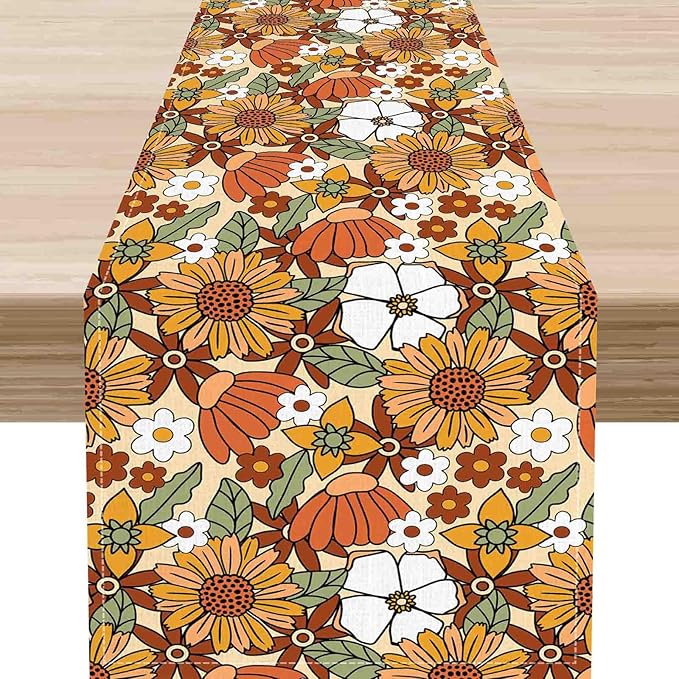 70s Floral Table Runner, Retro Groovy Hippie Oange Floral Funky Daisy Trippy Coffee Table Center Decor for Home Kitchen Dining Patio Holiday Party Indoor Outdoor Table Decorations, 13"x108" Inch