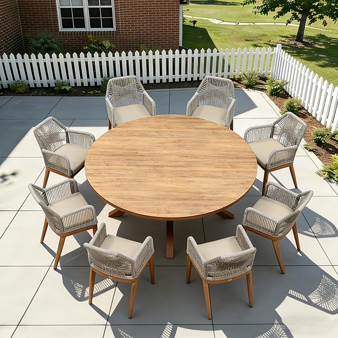 PURPLE LEAF 9 Pieces Patio Round Dining Set Aluminum Round Table and Rattan Arm Chairs with Cushions for Kitchen Porch Garden Modern Outdoor Furniture Sets