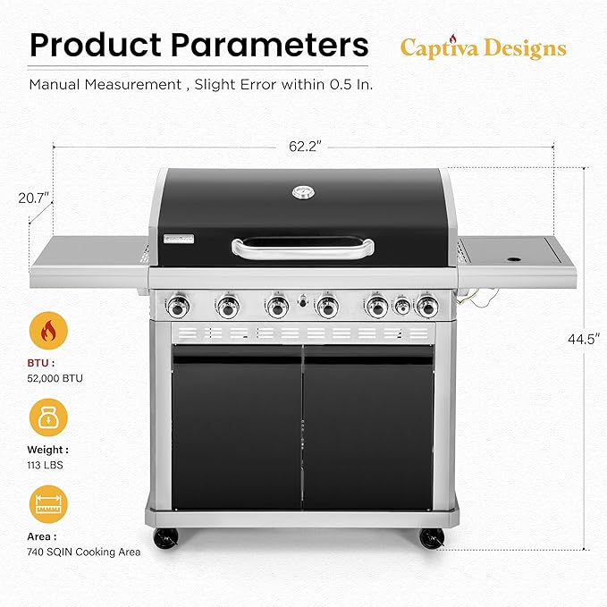 Captiva Designs 6-Burner Propane Gas BBQ Grill with Side Burner & Porcelain-Enameled Cast Iron Grate and Plate for Outdoor Barbucue Events, 52,000 BTU Output,740 SQ.IN. Cooking Area，Heavy Duty