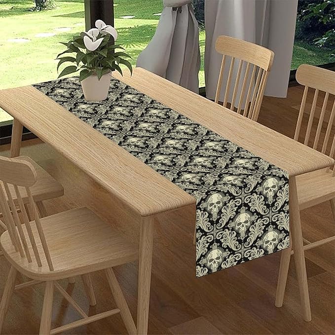 Skull Table Runner, Retro Antique Gothic Damask Pattern Classic Halloween Boho Black Coffee Vintage Table Center Decor for Kitchen and Dining Outdoor Home Country Party Table Decorations, 13"x72"