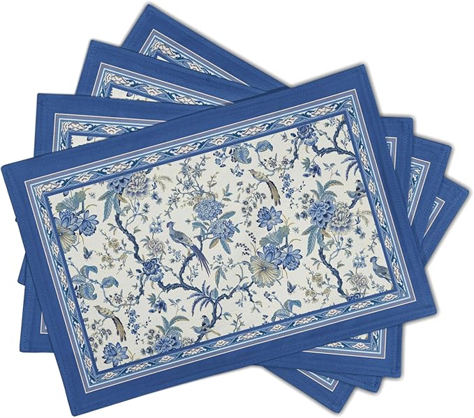 Giwawa 4PCs Chinoiserie Placemats Blue White Floral Birds Decorative Linen Table Mat 12"x18" Oriental Style Classic Flowers Heat Resistant Washable Place Mats for Kitchen Dining Party