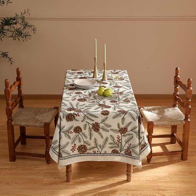 ISAENNE Designer Christmas Beige Linen Table Cloth for Rectangle Table,Pinecones Pattern Indoor Tablecloths,Washable Decor Tablecloth for Dining Thanksgiving Kitchen Christmas,55"*79"-Carol B