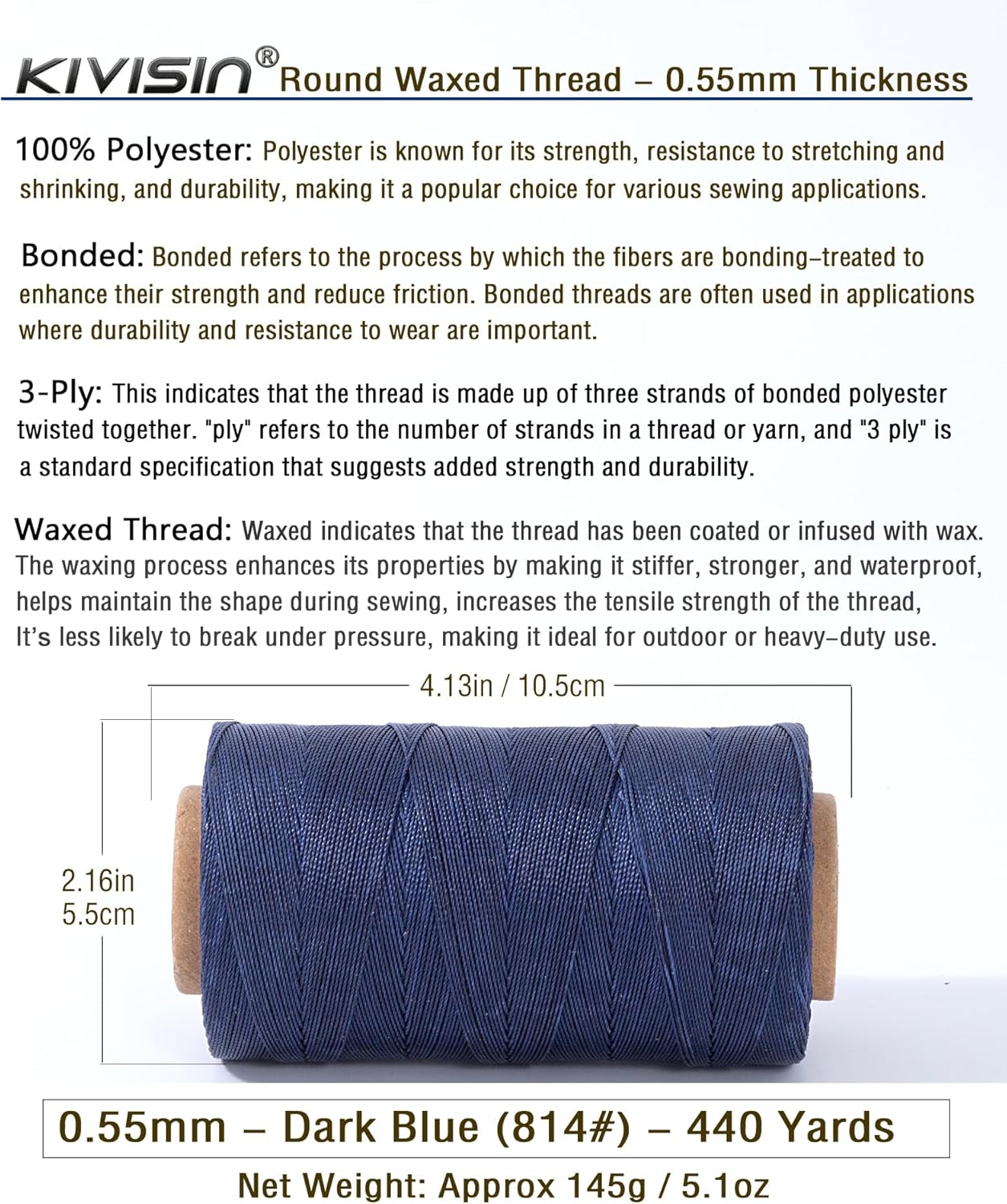 Round Waxed Polyester Thread 0.55mm, 440 Yards, Dark Blue, Stiff 3 Ply Leather Wax String for Hand Sewing, Beading, Knotting, Book Binding, Upholstery, Macrame Jewelry and Bracelets Making