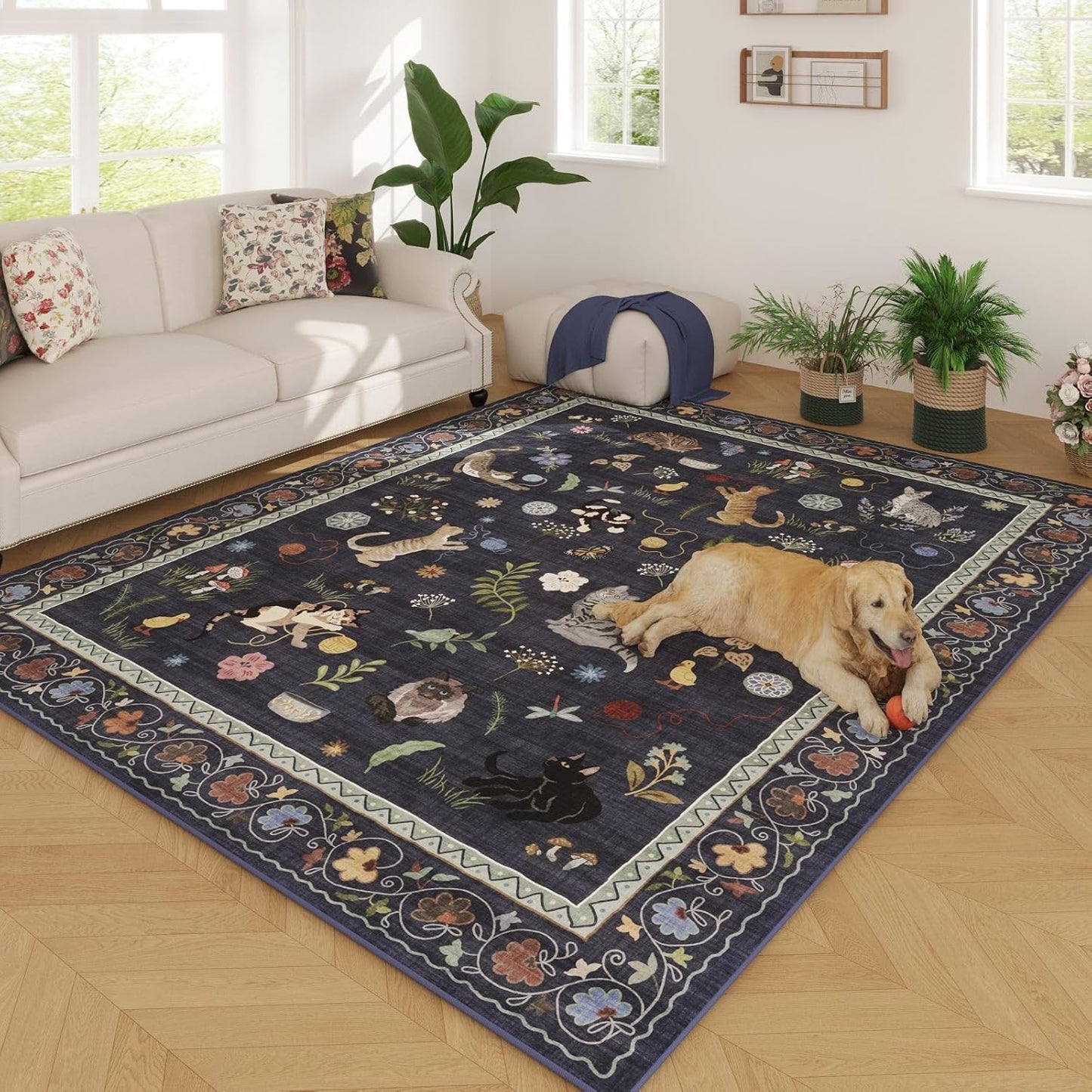 Rugcomf Area Rugs 8x10 Rug for Living Room Clearance Washable Boho Area Rug Non Slip Floral Animal Cat Vintage Low Pile Large Rug for Bedroom Farmhouse Dining Room Kids Playroom, Cobalt Blue