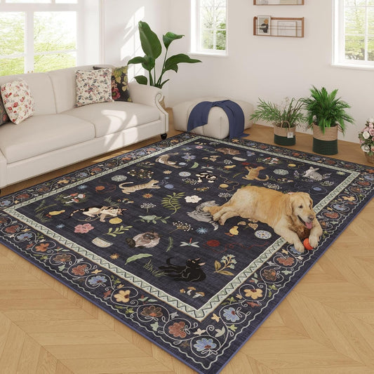 Rugcomf Area Rugs 8x10 Rug for Living Room Clearance Washable Boho Area Rug Non Slip Floral Animal Cat Vintage Low Pile Large Rug for Bedroom Farmhouse Dining Room Kids Playroom, Cobalt Blue