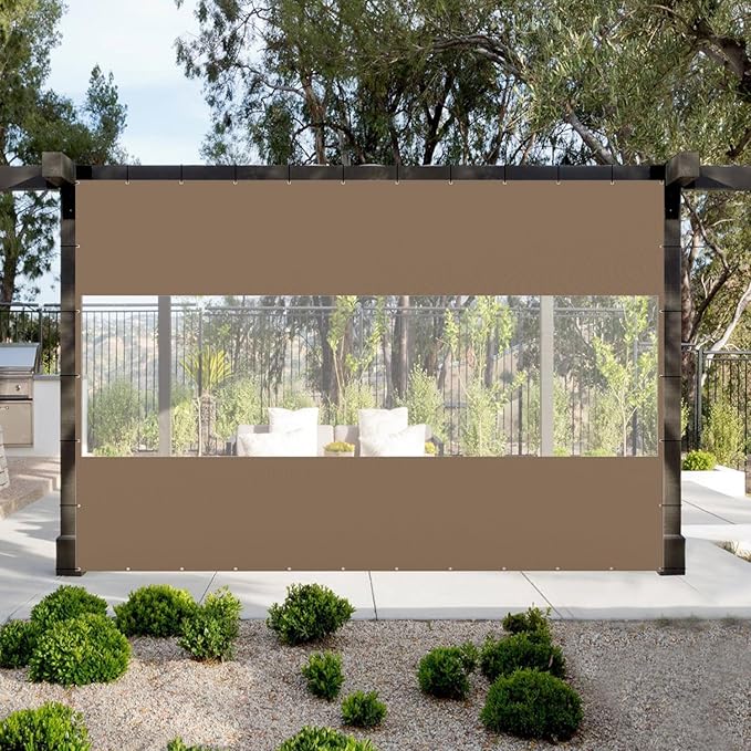 Domi Heavy Duty Outdoor Clear Panel Curtain, 18 oz Waterproof PVC Polyester Curtain, Weather Resistant & Tearproof for Patios, Gazebos, Pergolas, Privacy Screen (10'H x 13'W, Brown)
