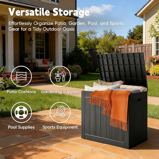 Mars Villa 31 Gallon Deck Box, Waterproof Weatherproof and UV Resistant Resin Storage Bin with Lockable Lid, Ideal for, Outdoor, Patio Furniture Cushions, Pool Supplies, Garden Tools, Black