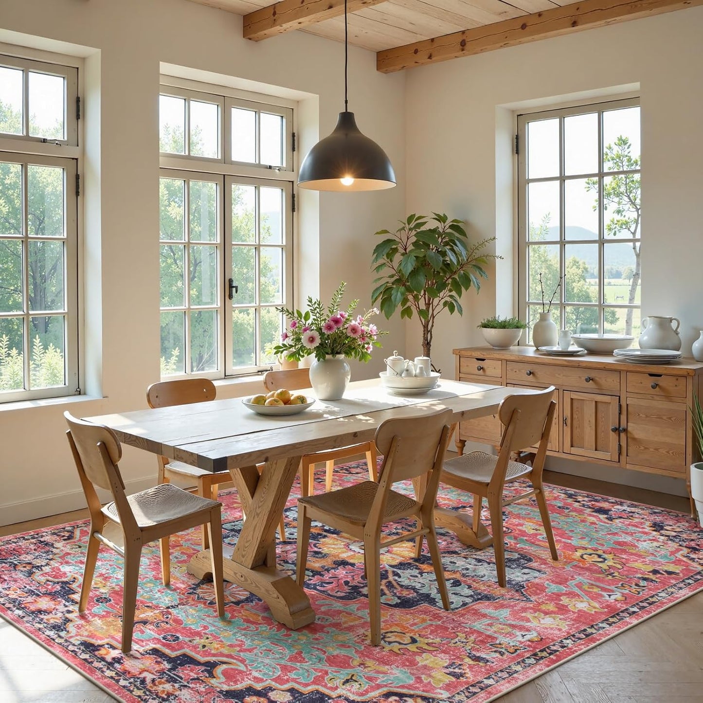 Lahome Area Rugs 9x12 Rugs for Living Room,Large Bedroom Dining Room Rug,Boho Vintage Soft Non-Slip Non-Shedding Low Pile Printed Indoor Carpet for Nursery Kids Home Office(9x12ft,Fuchsia)