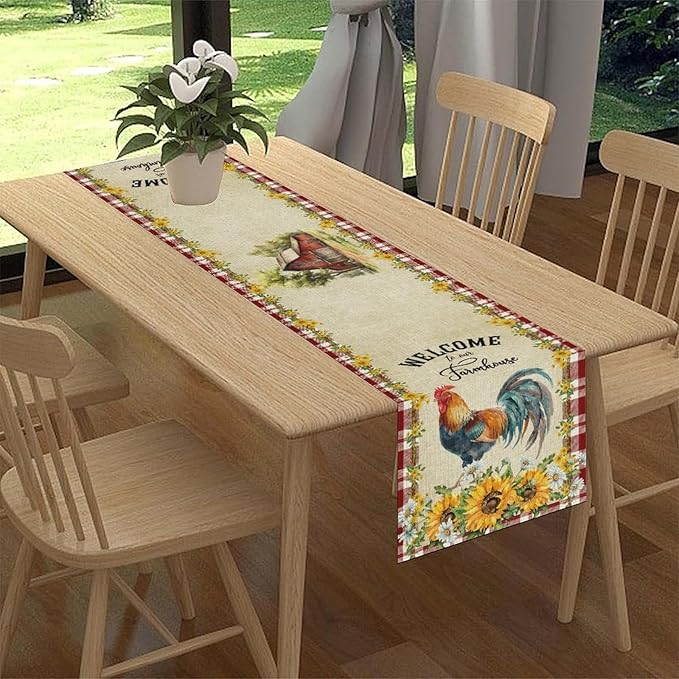 Rooster Table Runner, Farmhouse Red Plaid Sunflower Floral Chicken Farm Cow Pig Rustic Coffee Table Center Decor for Family Kitchen and Dining Room Outdoor Country Party Table Decorations, 13"x36"