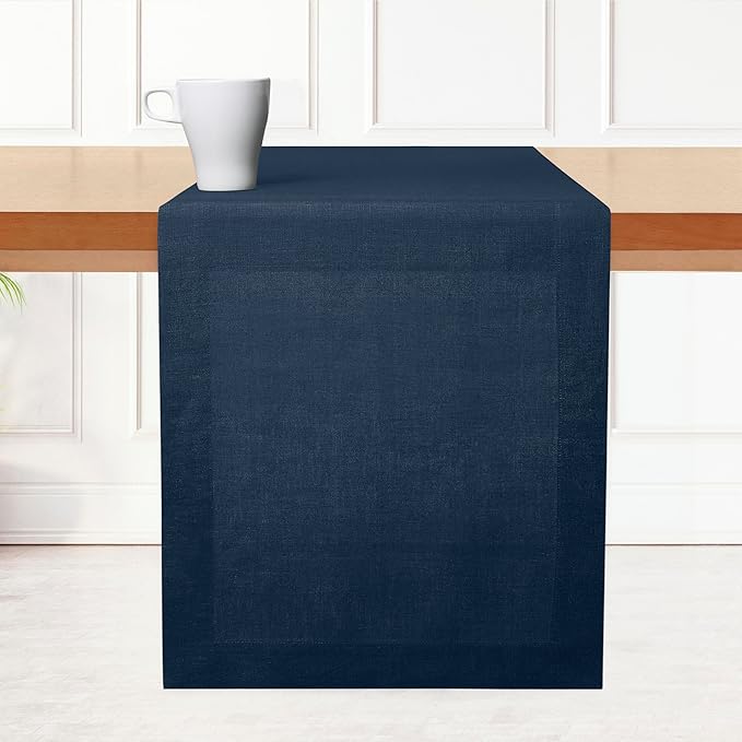 D'Moksha Homes Linen Navy Blue Table Runner 84 Inches Long - 100% Pure Linen 14 x 84 Inch Table Runner for Dining, Winter, Holiday - Machine Washable