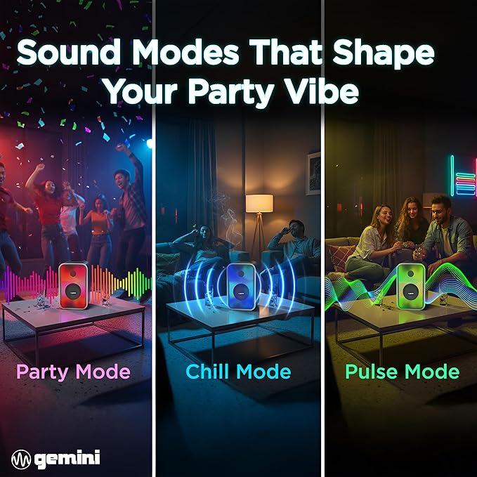 Gemini Portable Bluetooth Party Speaker with LED Lights - 600W Peak Power, 6Hr Battery, IPX5 Waterproof, USB/AUX/FM Radio for Outdoor BBQ Pool Parties (GNV-60)