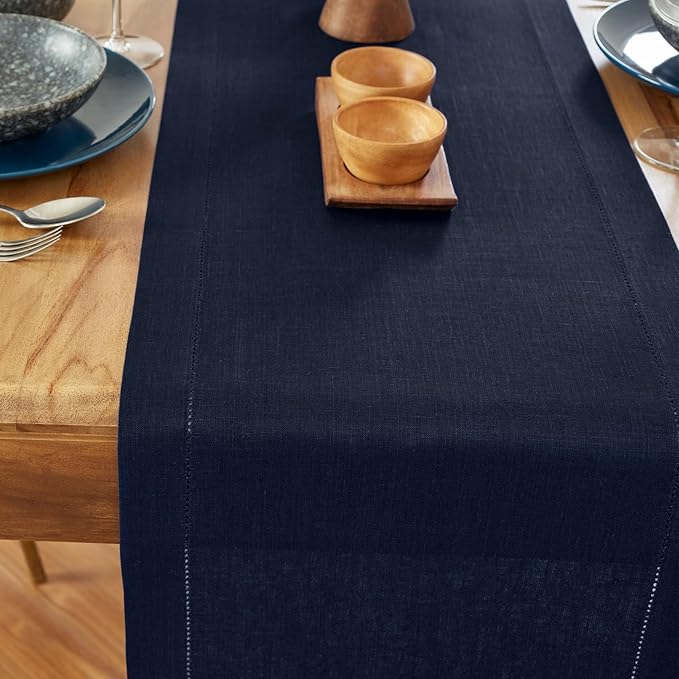 Solino Home Navy Blue Hemstitch Table Runner 48 Inches - 100% Pure Linen Small Table Runner 14 x 48 Inch Ideal for Dresser and Coffee Tables - Medium Weight, Winter