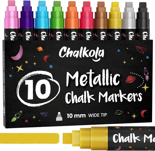 10mm Metallic Chalk Markers (10 Pack) Liquid Chalk Pens - For Blackboards, Chalkboard, Bistro Menu, Window - Wet Wipe Erasable Car Window Markers - 10mm 3-in-1 Wide Nib