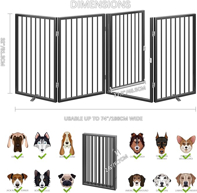 Vantas Folding No-Assembly Metal Pet Gate 80" Wide, 32" Extra Tall Dog Gate with Door Walk Through, Freestanding Accordion Puppy Gate Dog Door for Indoor & Outdoor, with 2PCS Support - Black