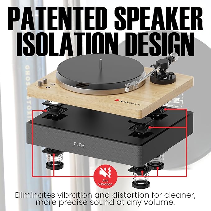 AudioSource Vinyl Record Player, Bluetooth Turntable with 2.1 Channel Speaker, 120W, Built-in Subwoofer, High Fidelity 2-Speed Belt Drive, Patented Speaker Isolation Design, AT33