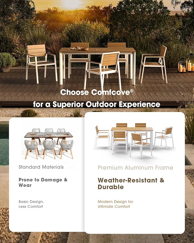 Outdoor Patio Dining Set for 6, Aluminum 7 Piece HDPS Patio Table and Chairs Set with Umbrella Hole, Modern Rectangular Patio Furniture Set with All-Weather Table & 6 Chairs (White & Teak)