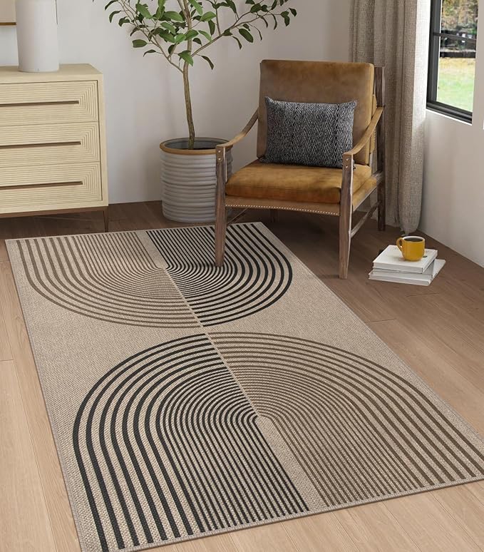 Easy Jute Rainbow Area Rug, 3x5 Indoor Outdoor Entryway Rug Washable Non-Slip Modern Boho Kitchen Rugs, Neutral Farmhouse Abstract Throw Carpet for Living Room Patio Kids Room