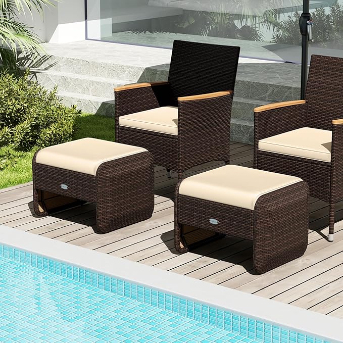 Tangkula 2 Pieces Patio PE Wicker Ottomans with Removable Cushions, Multipurpose Outdoor Furniture for Additional Seating, Footrest and Side Table, Outdoor Footstools for Porch, Backyard (Beige)