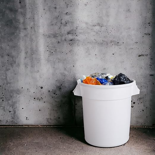 PRO&Family Commercial Round Trash Can with Lid and Dolly Rolling Waste Container, Ingredient Bin, Heavy-Duty Plastic, Anti-Static, Kitchen, Office, Outdoor Use (White, 20 Gallon)