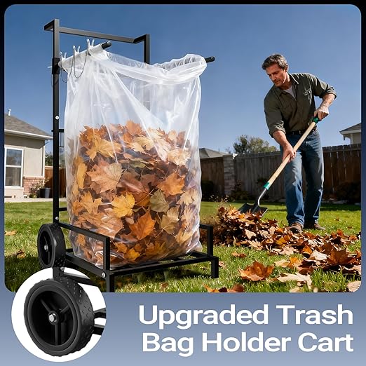 2-in-1 Leaf Bag Holder Cart & Hand Truck Dolly, Heavy Duty Garden Trash Bag Stand with 7" All-Terrain Wheels, 200lbs Capacity, Anti-Loss Clips & Utility Basket for Yard Work, Moving, Camping