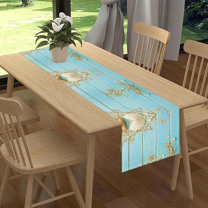 Summer Table Runner, Rustic Blue Teal Wood Beach Starfish Seashells Coastal Nautical Tropical Ocean Farmhouse Coffee Table Center Decor for Home Kitchen Dining Patio Indoor Outdoor, 13"x72" Inch