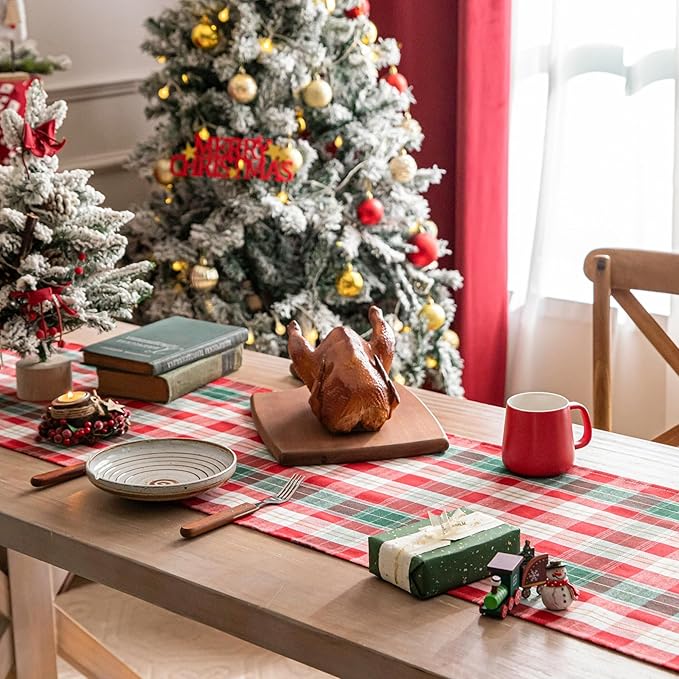 Red Gold Plaid Christmas Table Runner, Winter Holiday Table Runners 72 inches Long Xmas Decorations Indoor Outdoor Farmhouse Home Kitchen Dining Party Decor