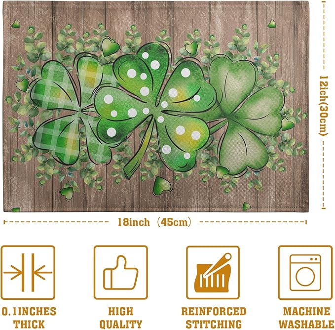 St Patricks Day Eucalyptus Leaves Placemats Set of 4, 12x18 Inch St Patrick Wooden Plank Dining Table Placemats Shamrock Spring Washable Heat Resistance Table Mats for Kitchen Dining Decor