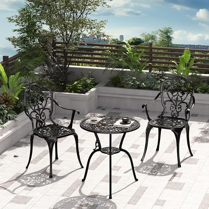 Patio Bistro Set of 2, Cast Aluminum, Outdoor Set w/Umbrella Hole, 3 Piece Table and Chairs Set, Bistro Set for Backyard/Garden/Lawn, Black